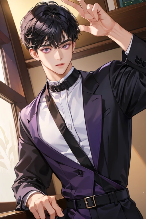 Masterpiece, highres, finely details, male, short hair, (black hair), with bangs, (purple eyes), black clothes. (CEO), (32 years).