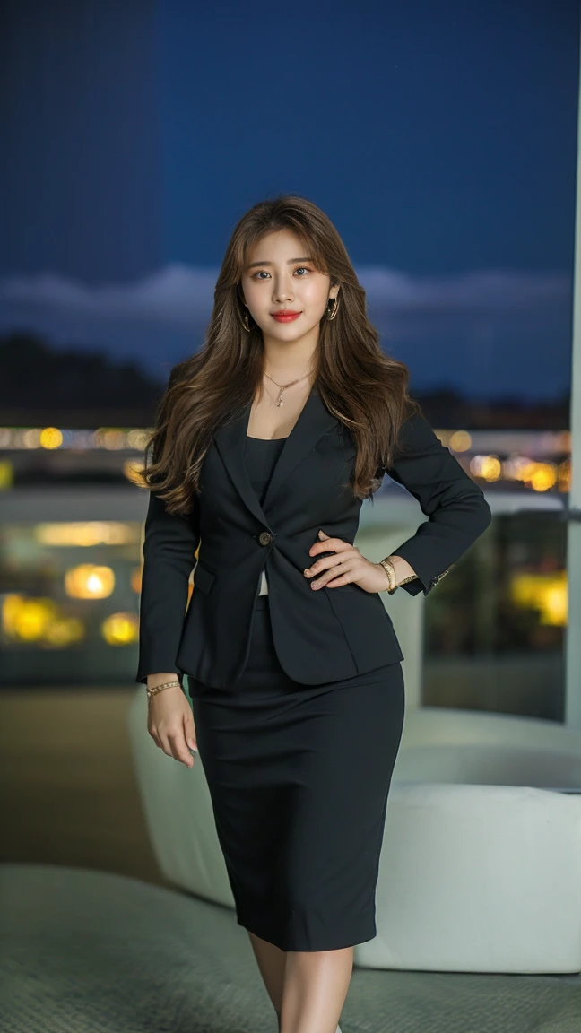 (masutepiece,High quality,16k:1.1),(depth of fields:1.3) ,((front body:1.35)),Japanese ,mature Woman, ((business suit, pencil skirt)), huge breasts, voluptuous, thicc, curvy,(Looking at Viewer:1.3),(full body shot:1.2),(sdigital background:1.2),(Beautiful night view of town:1.2),