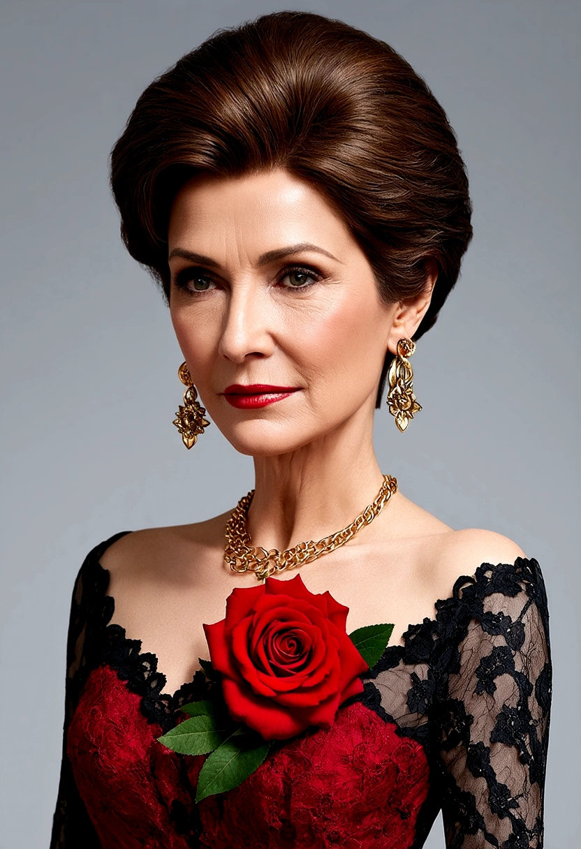 (Extremely detailed CG unit 8k wallpaper, masterpiece, best quality, Extremely detailed), (Optimal lighting, The best shadow), 45-year-old Spanish woman, Mature, Square face, Necklace with a red rose on the neck, Wearing a black lace dress with red, Gold earrings, like maria padilla (maria padilla) Such characteristics, (Very delicate skin: 1.2), Medium brown with light emitted