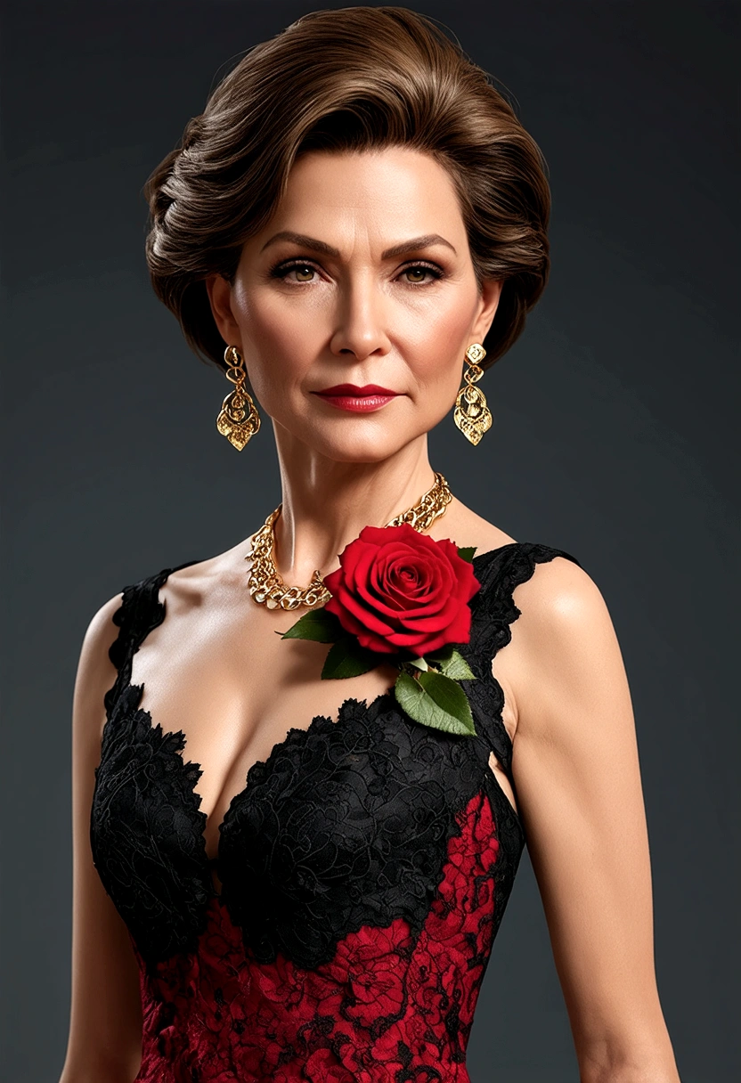 (Extremely detailed CG unit 8k wallpaper, masterpiece, best quality, Extremely detailed), (Optimal lighting, The best shadow), 45-year-old Spanish woman, Mature, Square face, Necklace with a red rose on the neck, Wearing a black lace dress with red, Gold earrings, like maria padilla (maria padilla) Such characteristics, (Very delicate skin: 1.2), Medium brown with light emitted