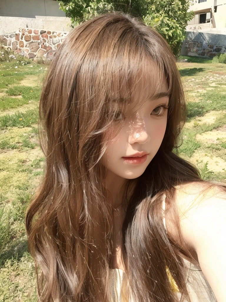 Honey Tea Flax Big Wave，Long curly hair，Natural and beautiful hair，The background is simple and clean