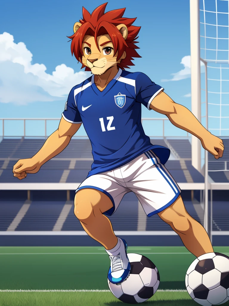 (masterpiece, 4K, ultra detailed), a lion furry, masculine, short red hair, cartoony, smooth lining, smooth simple colors, smooth shading, blue soccer dress, white shorts, soccer field, athletic, teenage, anime, brown anime eyes