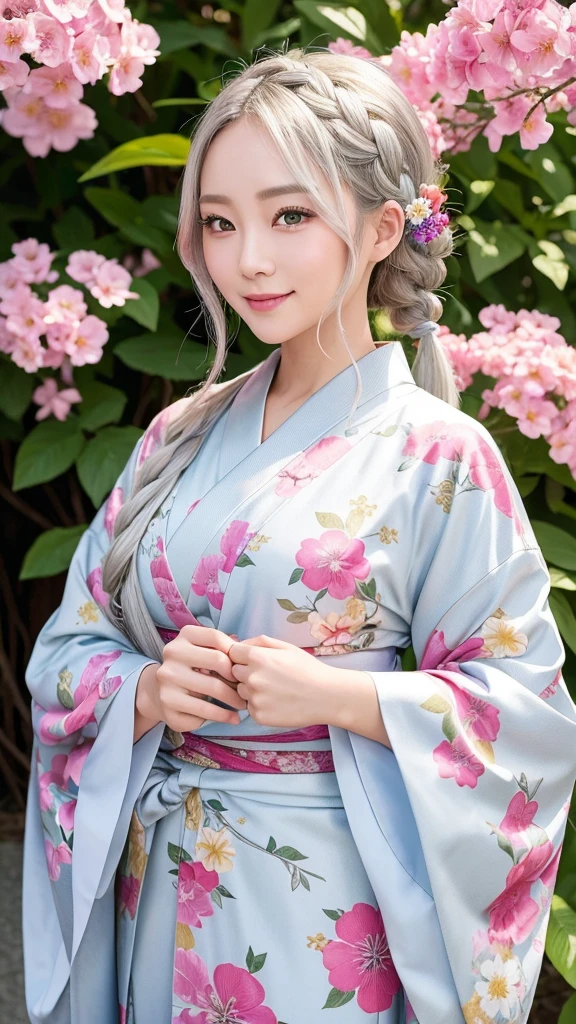 Beautiful silver-haired woman in a kimono、Gorgeous floral patterned kimono、My cute girlfriend is a kimono model..、Red Eyes、Beautiful smile、He is short、Braiding、hair ornaments、Colorful and showy kimono、
