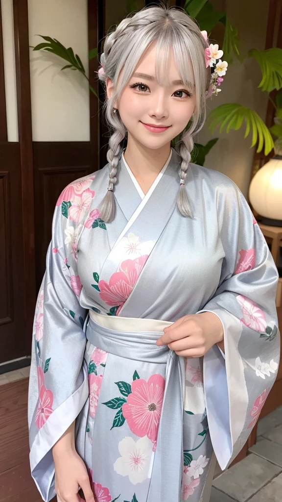 Beautiful silver-haired woman in a kimono、Gorgeous floral patterned kimono、My cute girlfriend is a kimono model..、Red Eyes、Beautiful smile、He is short、Braiding、hair ornaments、Colorful and showy kimono、