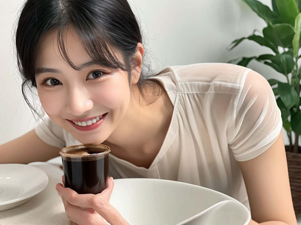 (Highest quality、8K、32k、masterpiece)、coffee、50th Generation、Black Hair、Medium Hair、Wrinkles、white blouse、smile、
