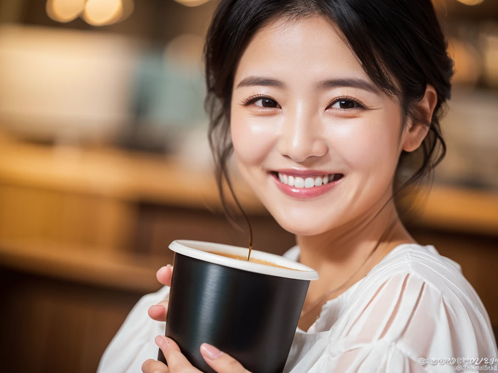 (Highest quality、8K、32k、masterpiece)、coffee、50th Generation、Black Hair、Medium Hair、Wrinkles、white blouse、smile、
