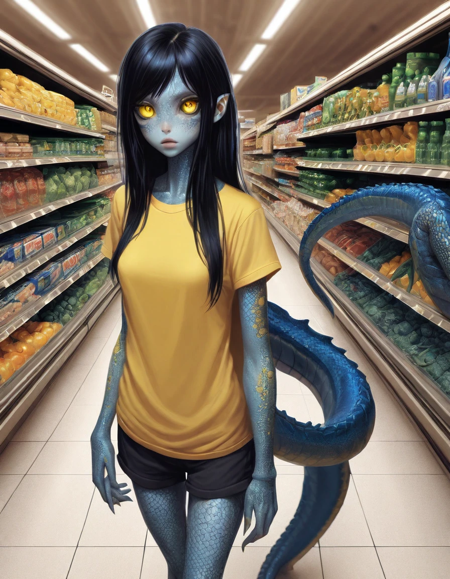 blue reptilian girl , near a (walking through a supermarket :1.2), long black hair, yellow eyes, narrow long mouth ,  (oversized black t-shirt, shorts:1.1) , leggings, , body freckles,scales, intricate detail