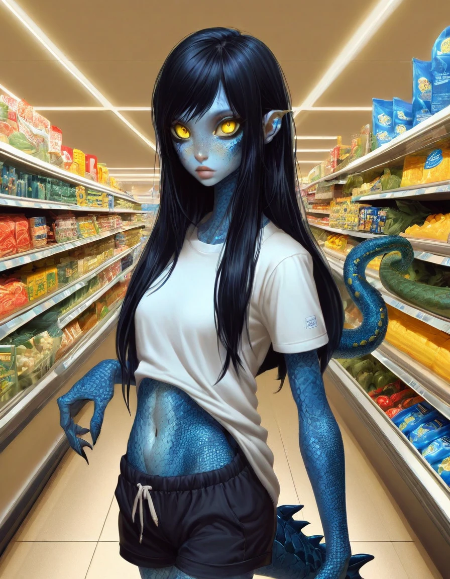 blue reptilian girl , near a (walking through a supermarket :1.2), long black hair, yellow eyes, narrow long mouth ,  (oversized black t-shirt, shorts:1.1) , leggings, , body freckles,scales, intricate detail