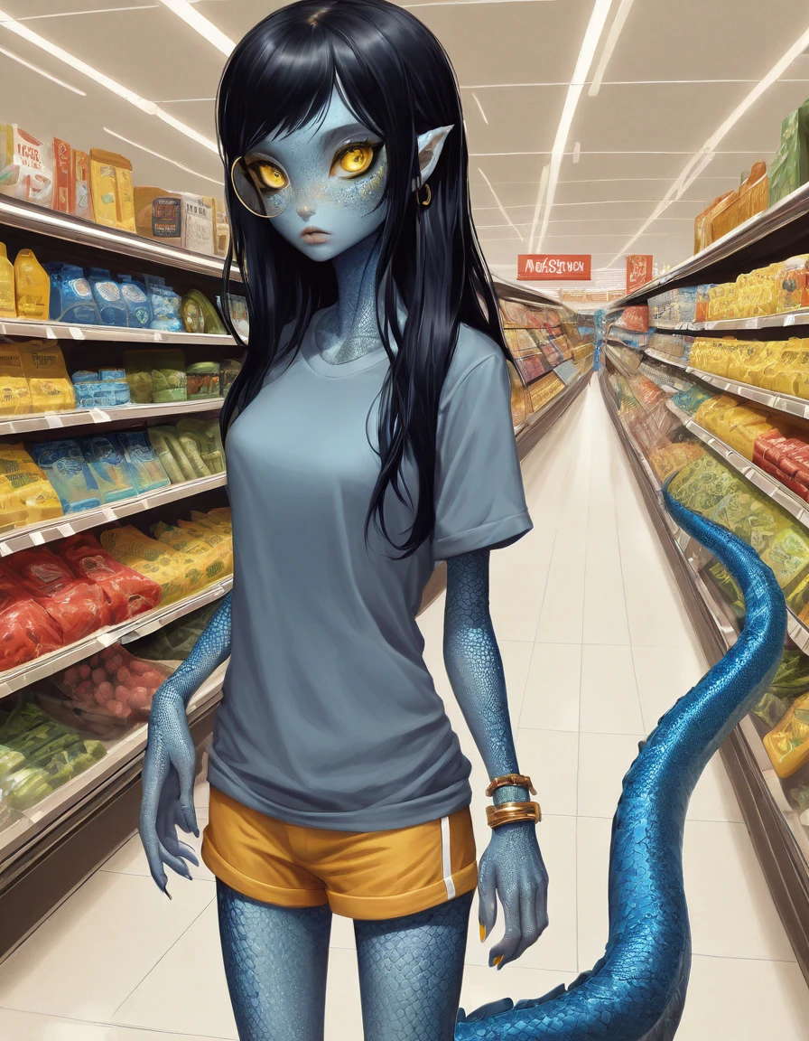 blue reptilian girl , near a (walking through a supermarket :1.2), long black hair, yellow eyes, narrow long mouth ,  (oversized black t-shirt, shorts:1.1) , leggings, , body freckles,scales, intricate detail