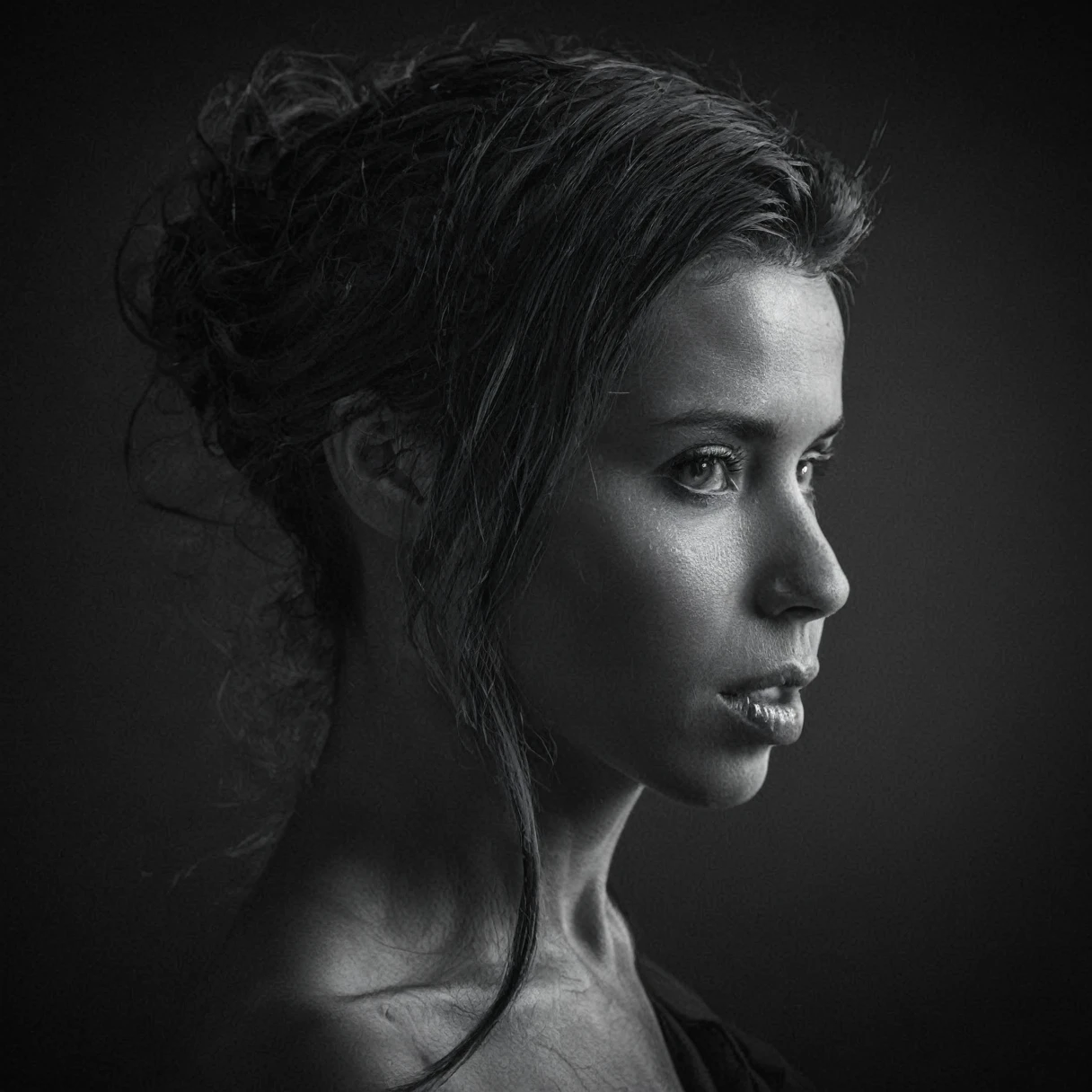 ((profil latéral:1.5)), Portrait photo RAW, photoréaliste, photographie glamour d'une femme russe élégante, ambiance avant-gardiste, sombre, sombre cheeks, lèvres expressives, longs cheveux blonds, collier séduisant, streetwear sexy et élégant, Des cuisses séduisantes, maquillage des yeux charbonneux, mâchoire définie, pores de la peau, peau brillante, granuleux, éclairage flash intense, texture de peau réaliste, photographie très détaillée, 3D, vibrant, incroyablement détaillé, hyperdétaillé, expression du visage expressif et provocateur, fond séduisant détaillé