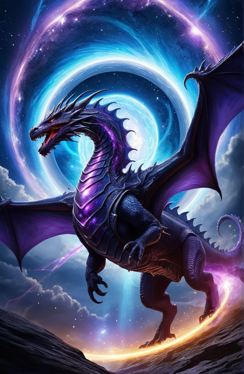 excellent quality, Science Fiction,
(Wormhole in the sky:1.3), Dragon passing through wormhole,
Knight ready for battle, Epic scenes, Excellent, Time and Space Vortex, (Blue mixed with purple:1.1) Energy Flow,
Bostel,
Extremely detailed,
