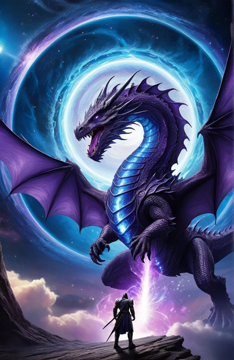 excellent quality, Science Fiction,
(Wormhole in the sky:1.3), Dragon passing through wormhole,
Knight ready for battle, Epic scenes, Excellent, Time and Space Vortex, (Blue mixed with purple:1.1) Energy Flow,
Bostel,
Extremely detailed,
