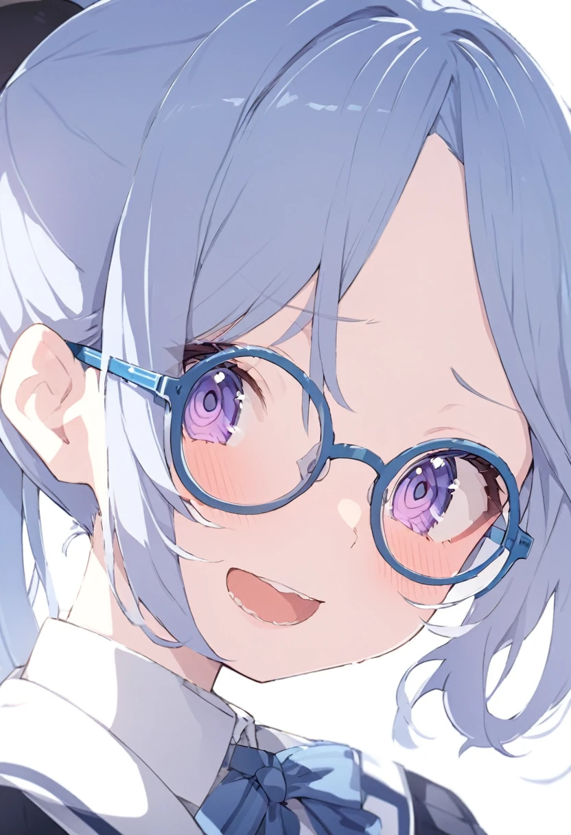 Blue Glasses Light blue hair girl ponytail Laughing Middle school students Mainly face Close up of face Highest quality 傑作 Blue Glasses Blue Glasses