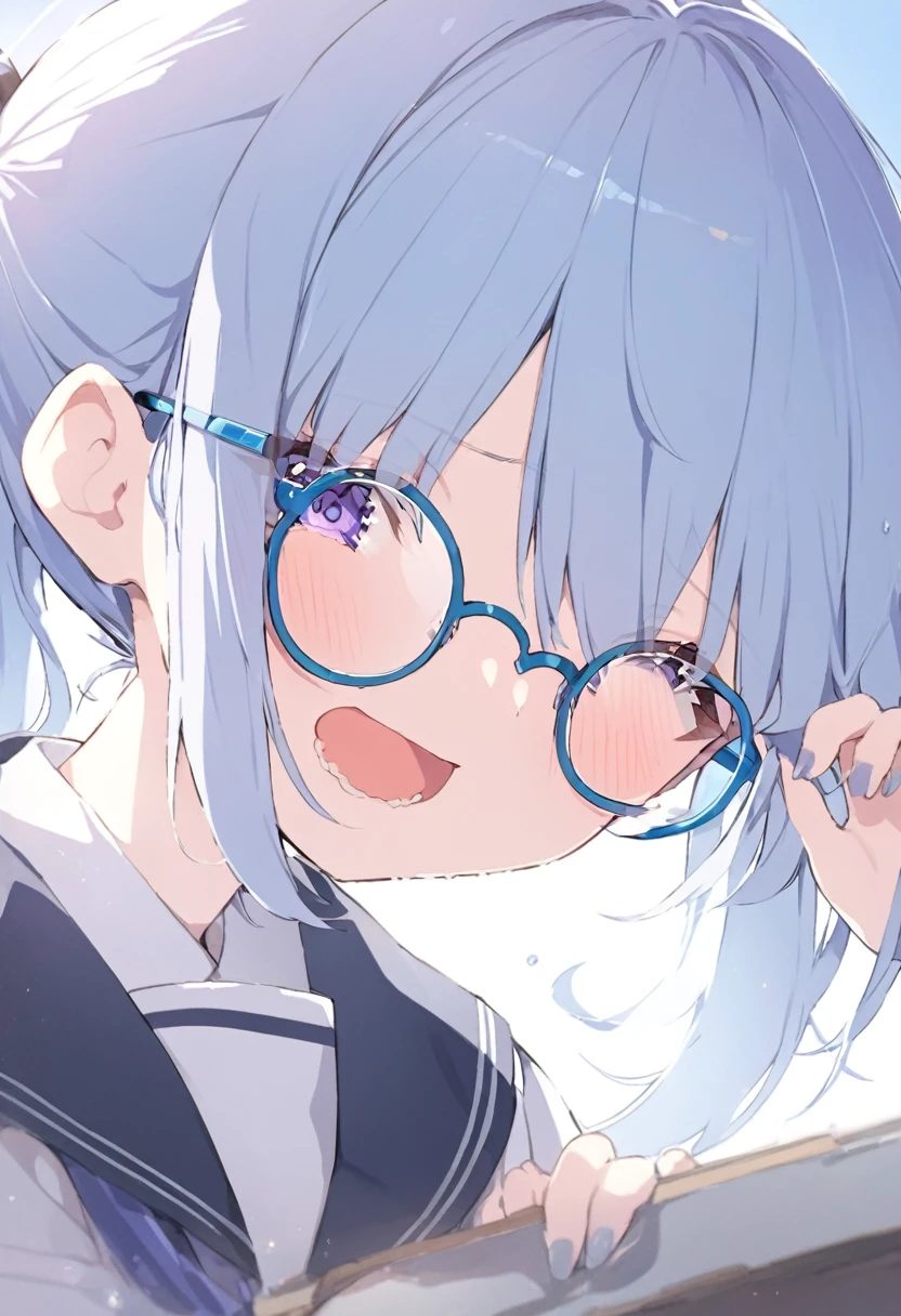 Blue Glasses Light blue hair girl ponytail Laughing Middle school students Mainly face Close up of face Highest quality 傑作 Blue Glasses Blue Glasses