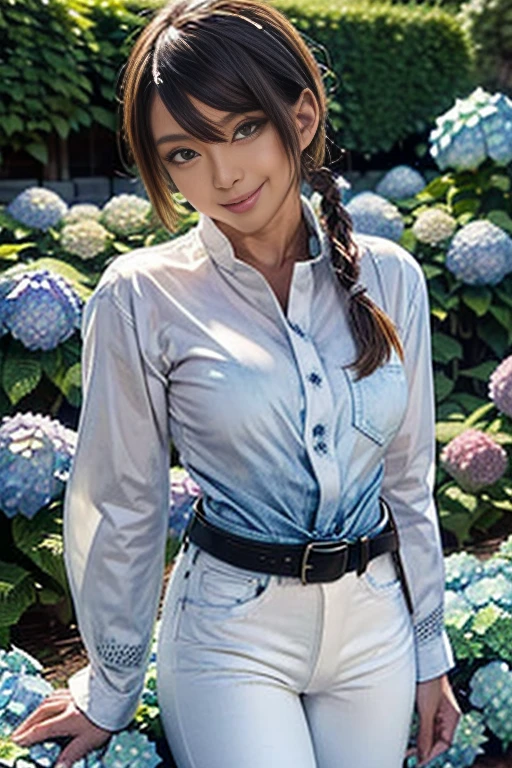 (A garden filled with blooming hydrangeas:1.5), Very beautiful garden, Japanese women, 1 person, ((White long sleeve shirt:1.7)), ((Denim pants:1.5)), (Brown medium length hair tied back:1.5), (smile), (To the camera:1.3), (Brown belt:1.5),