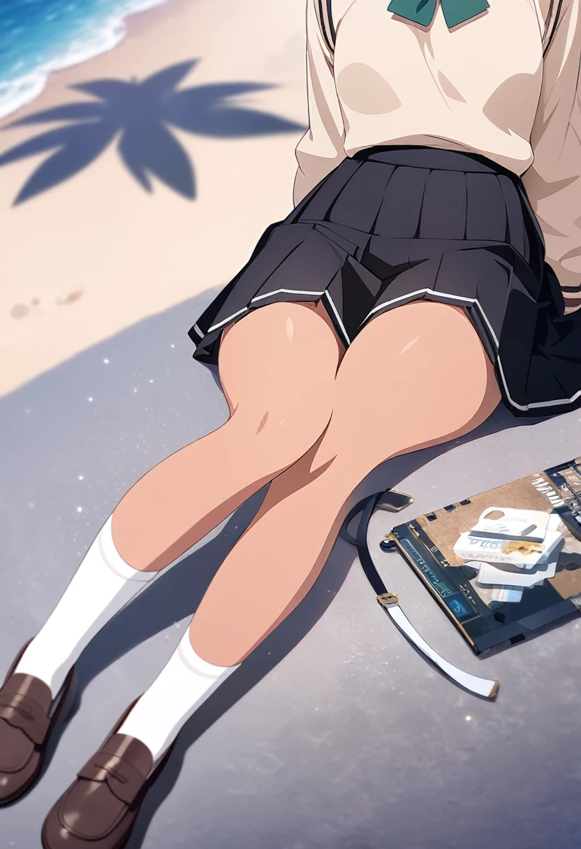 ((masterpiece)), ((best quality)), ((high resolution)), ((Extremely detailed CG unity 8k wallpaper)), Solitary, Tan school uniform, Black skirt, White socks, outdoor, Face, Downy hair, beach, 