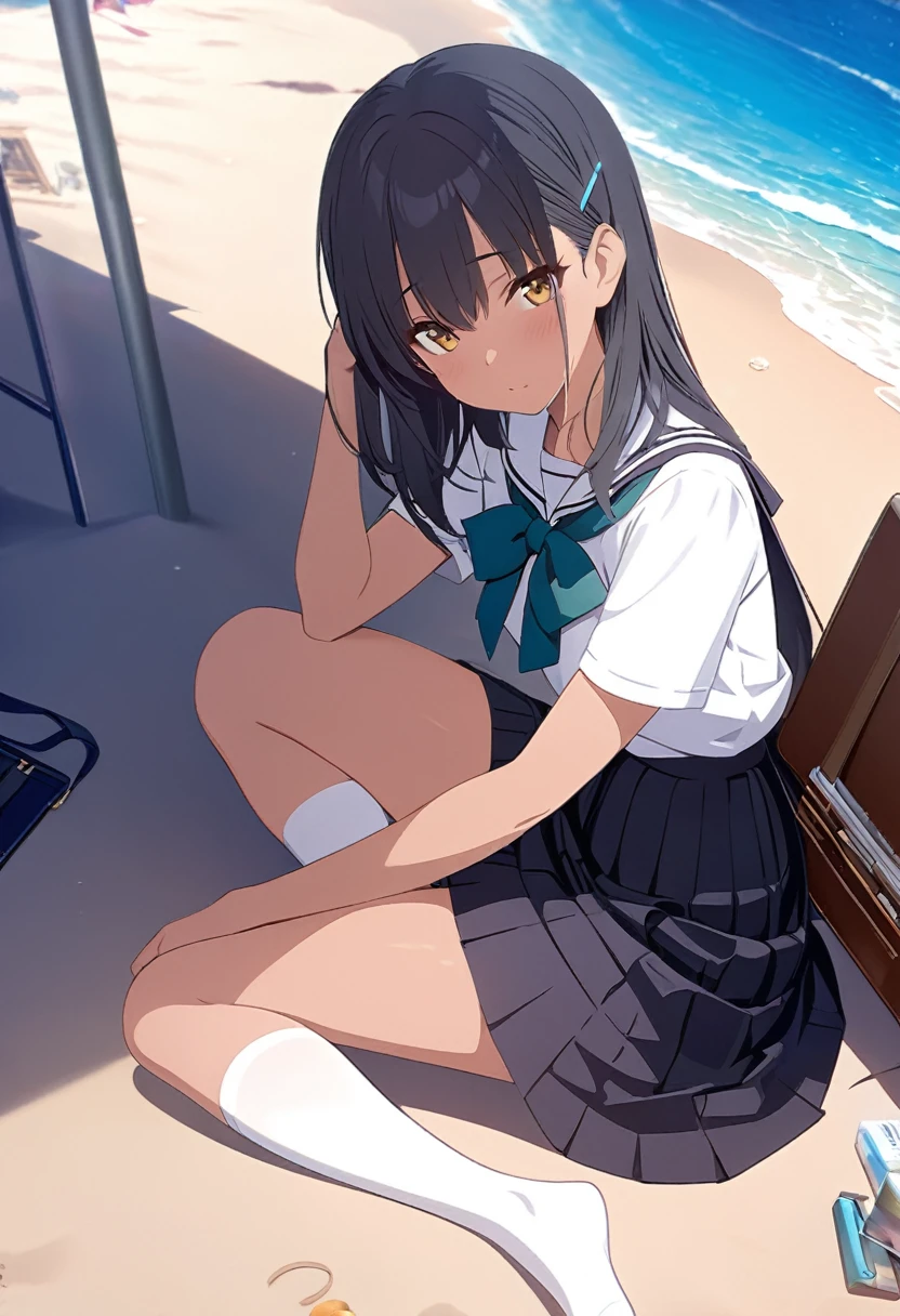 ((masterpiece)), ((best quality)), ((high resolution)), ((Extremely detailed CG unity 8k wallpaper)), Solitary, Tan school uniform, Black skirt, White socks, outdoor, Face, Downy hair, beach,