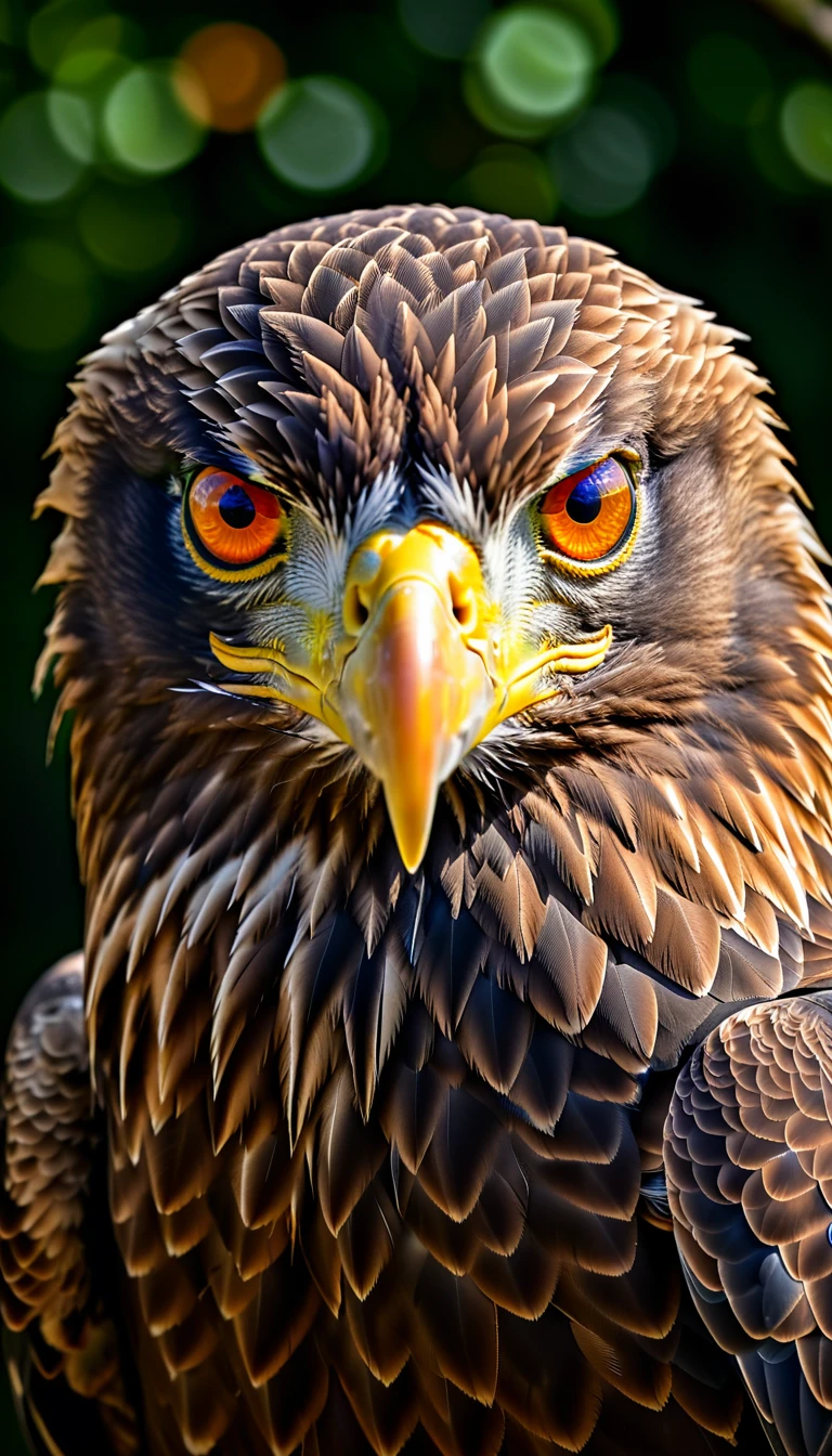 close up of an eagle, its eyes glowing orange in the dark, award winning forest, professional color grading, soft shadows, no contrast, clean sharp focus digital photography --ar 91:128 --v 6.0 --style raw