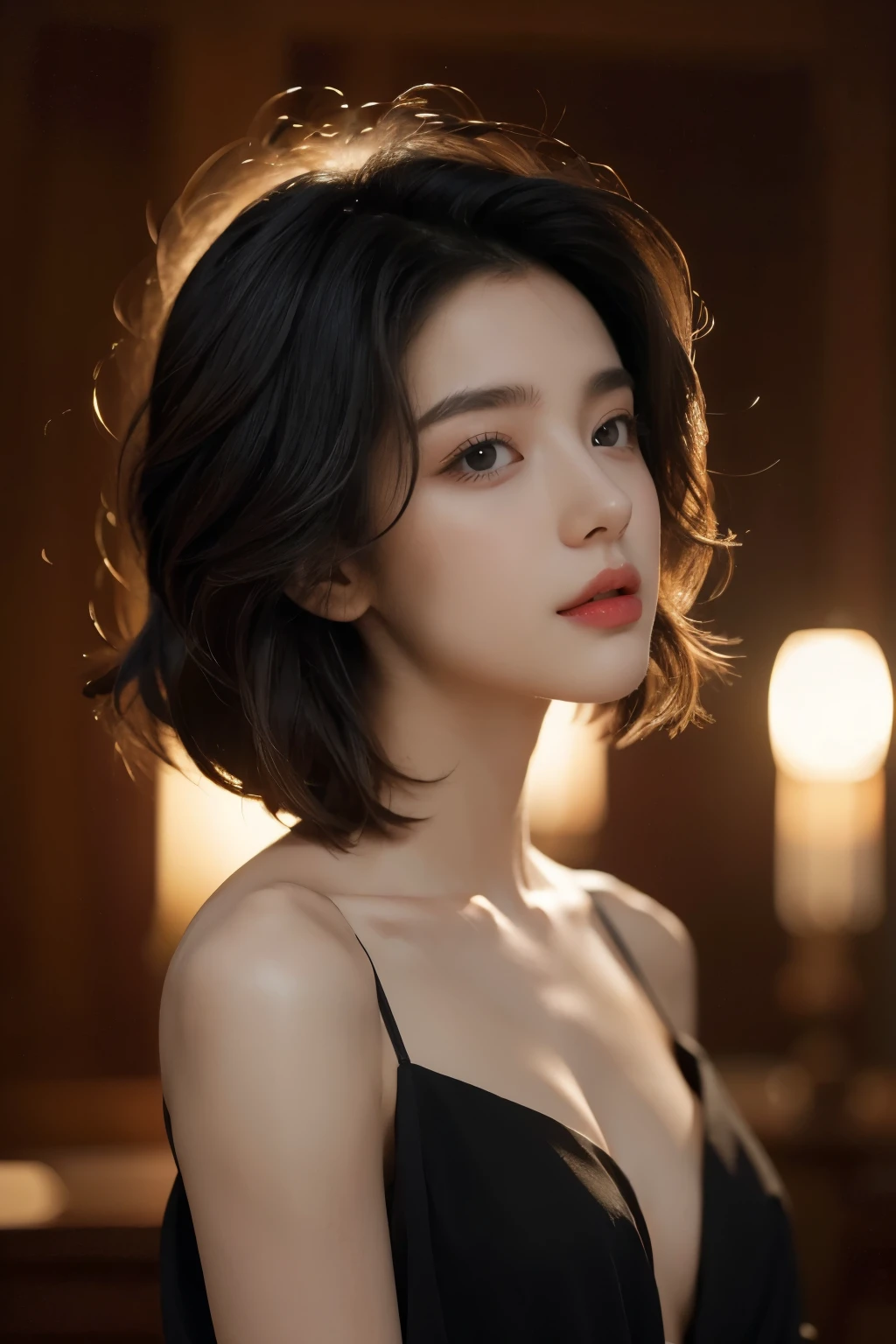 Best quality, masterpiece, Ultra-high resolution, (realistically:1.5), RAW photos, Lovely, in the dark night, depth shadow, Low Tone, Cold Light, Sexy look,Shoulder length straight bob hair,Slim