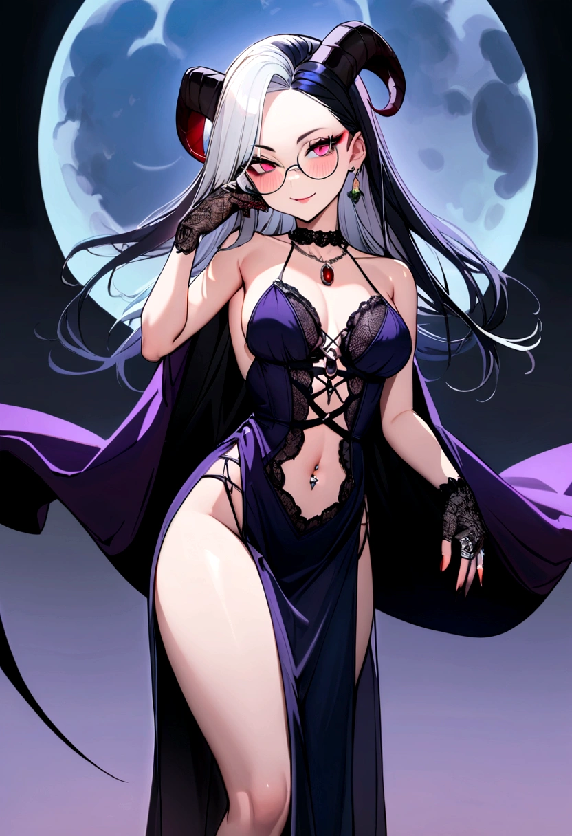 8k, masterpiece, best quality, highly detailed, two demon girls, tiefling, warlock, multicolored hair, very short straight hair green highlight hair on white hair, strippled hair, wearing glasses, round glasses, earrings, long dress with side cut, lace dress, red eyeshadow, long eyelashes,navel piercing, blushed cheek, necklace, collarbone, high heels, mole, glamorous, purple and teal clothing, villainy, smirk, seductive face, close up view, ring on fingers, looking at viewer, standing, demon horns, solo, full blue moon, hand touching cheek, chruch, black lace gloves, wearing veils, lesbian short white hair and long black hair, female demon in background with long black hair and glowing red eyes.