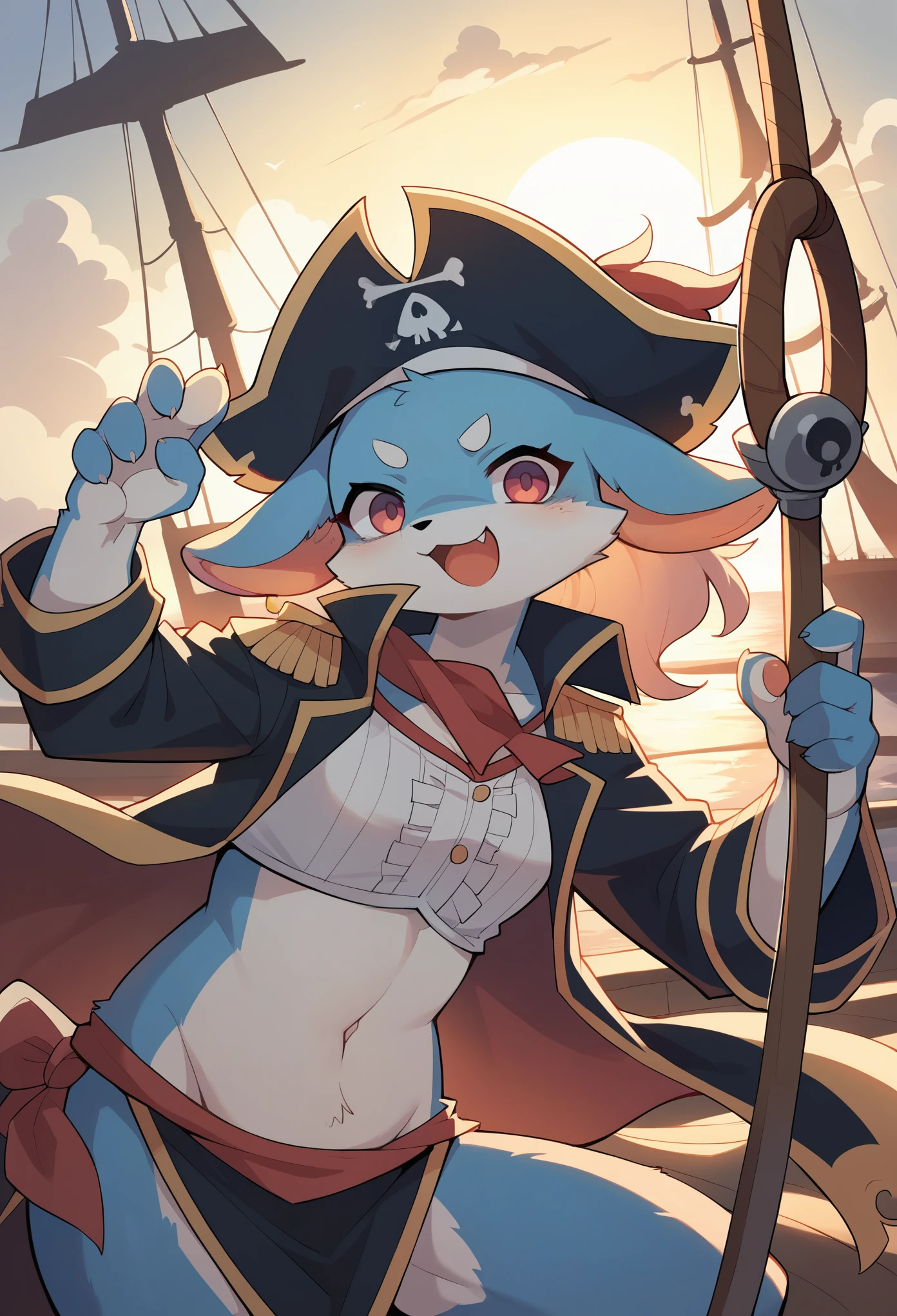 cover page, highres, top quality, best quality, paid reward available, unparalleled masterpiece, perfect artwork, absurdres, High-quality illustrations, super high resolution, detailed background, perfect anatomy(kemono, furry anthro, boy, girl)Hospitals with power outages, Spooky creatures, Pirate Ship, a pirate, good lighting, cinematic shadow,
