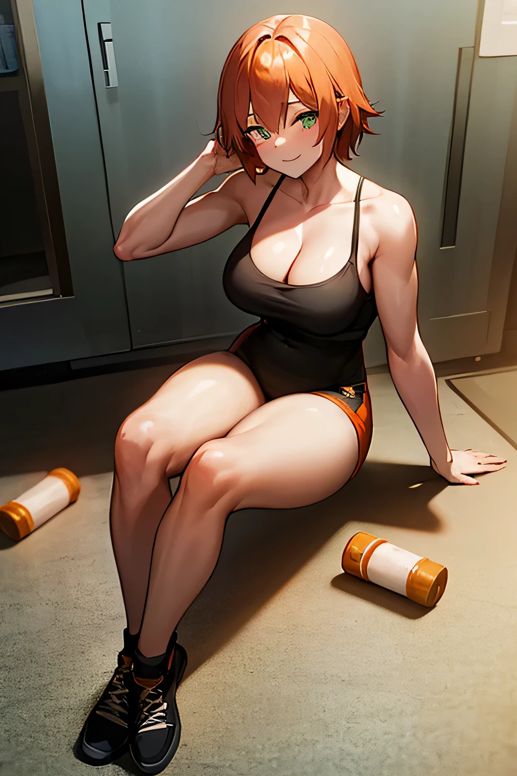 1girl, short orange hair, black-green eyes, tank top orange, sexy blue shorts, black footwear, deep cleavage, large breasts, glowing eyes, full body, navel, muscular girl, thigh, 18th years old, smile, sexy, outie navel, sitting on the floor, squad, sandwich, low table, on table is sandwich, the girl is sitting at the table on the floor, pregnant