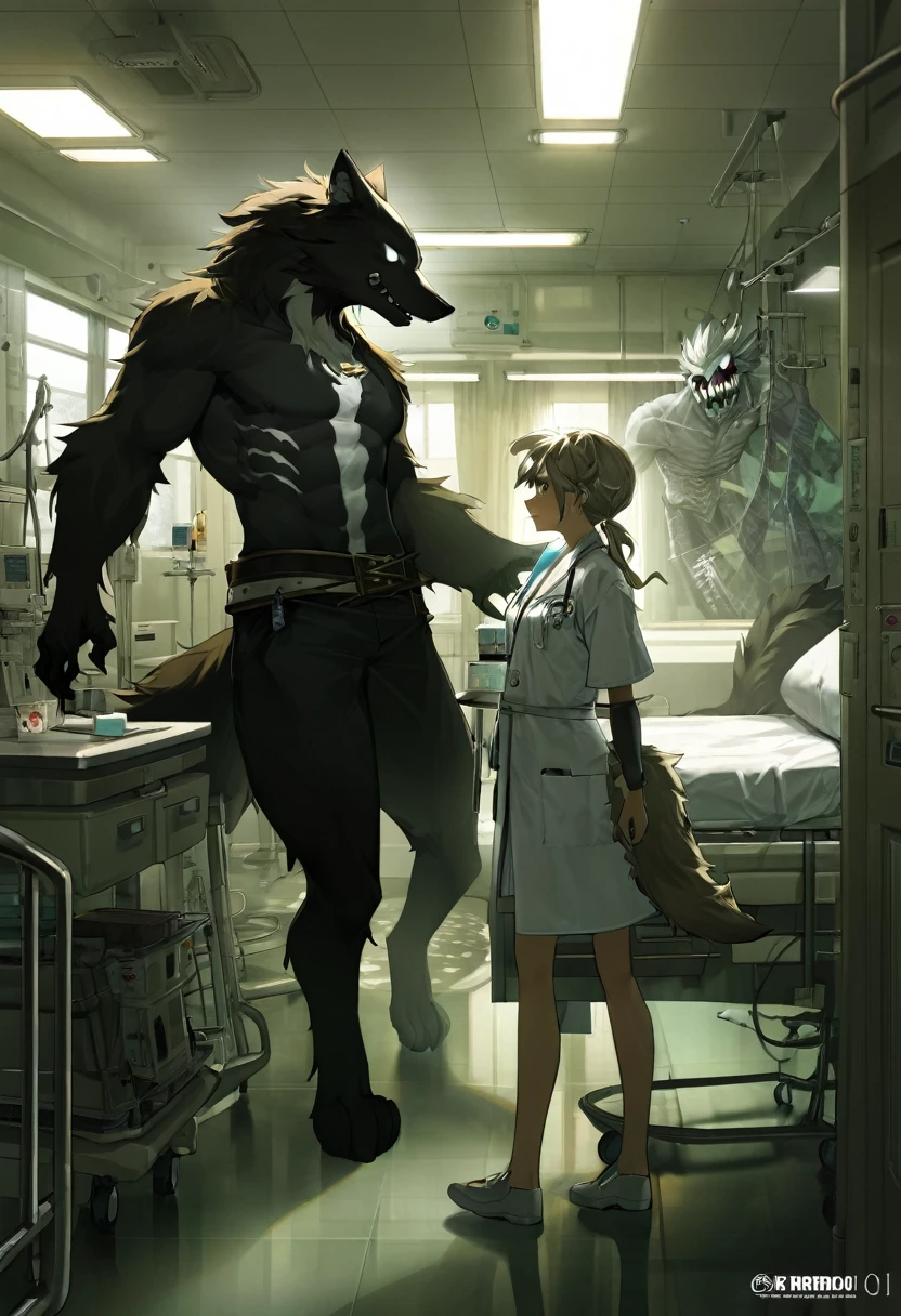 cover page, highres, top quality, best quality, paid reward available, unparalleled masterpiece, perfect artwork, absurdres, High-quality illustrations, super high resolution, detailed background, perfect anatomy(kemono, furry anthro, boy, girl)Hospitals with power outages, Spooky creatures, Pirate Ship, a pirate, good lighting, cinematic shadow,