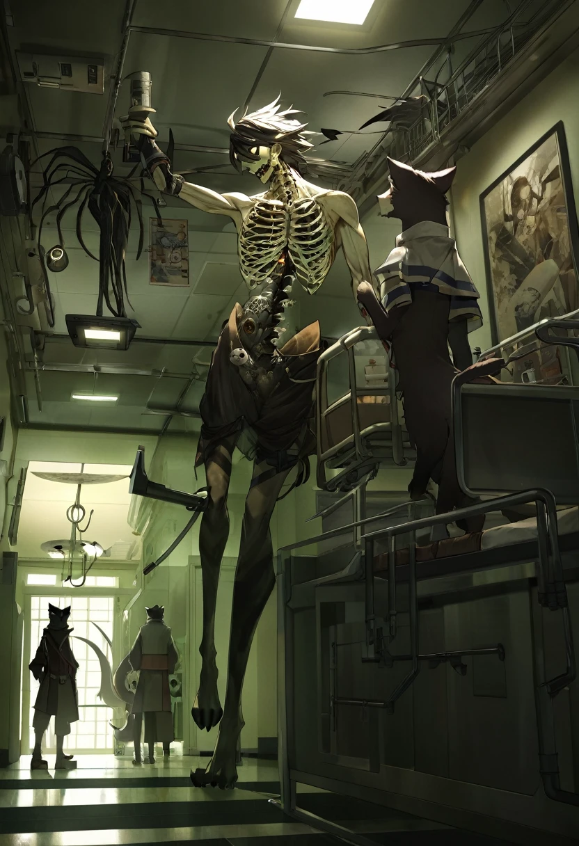 cover page, highres, top quality, best quality, paid reward available, unparalleled masterpiece, perfect artwork, absurdres, High-quality illustrations, super high resolution, detailed background, perfect anatomy(kemono, furry anthro, boy, girl)Hospitals with power outages, Spooky creatures, Pirate Ship, a pirate, good lighting, cinematic shadow,