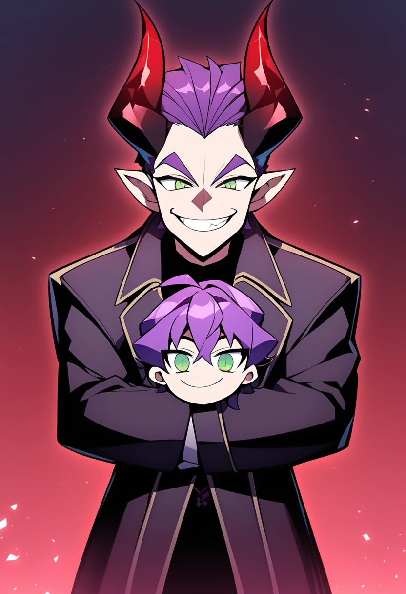 (fantasy_style:1.25), top-quality、((Deformed))、Boy with purple short hair、Green eyes、demonic horns、A smile, blacj , coat Composition that reflects the whole body