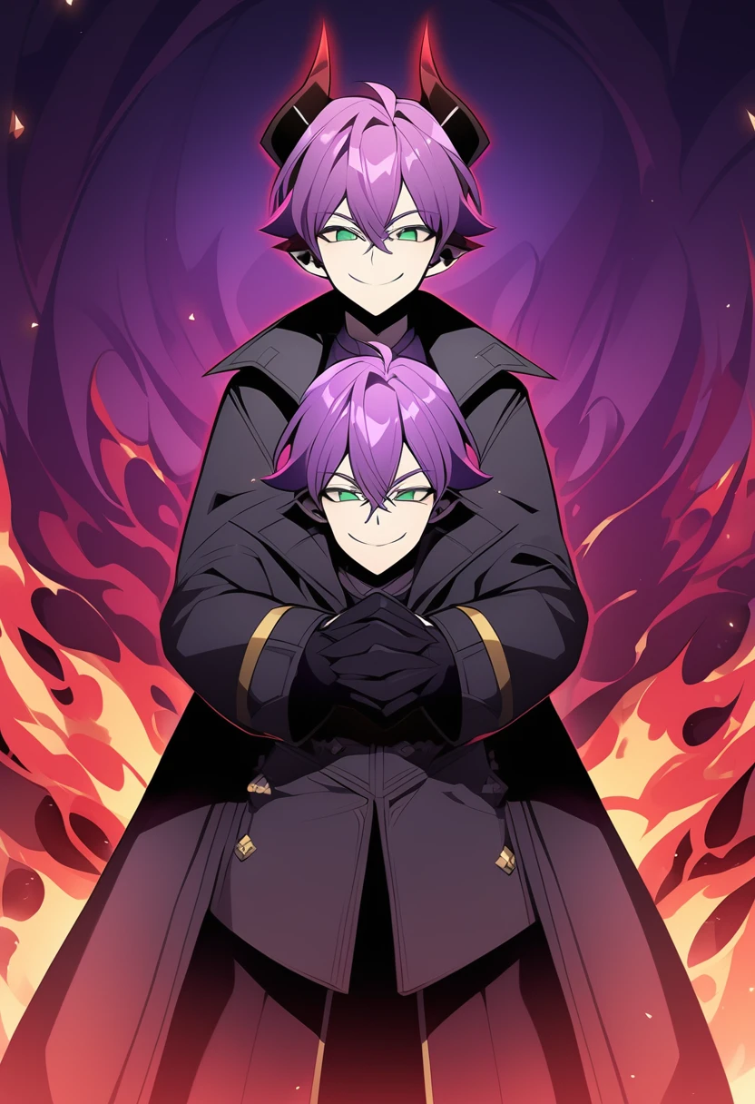 (fantasy_style:1.25), top-quality、((Deformed))、Boy with purple short hair、Green eyes、demonic horns、A smile, blacj , coat Composition that reflects the whole body