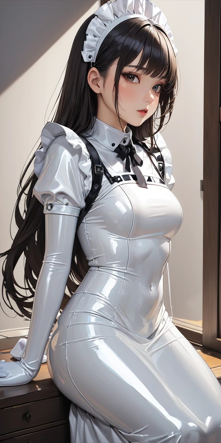 Portrait、(masterpiece,Highest quality,Ultra-high resolution),Japanese women, (((Very beautiful 25 year old girl))),(White latex maid outfit)、(White latex long skirt)、(A white latex long-sleeved shirt covering the upper body)、white latex long gloves、White latex socks、Latex bodysuit、The clothes fit snugly to the body、Latex is very shiny、Dark Room、