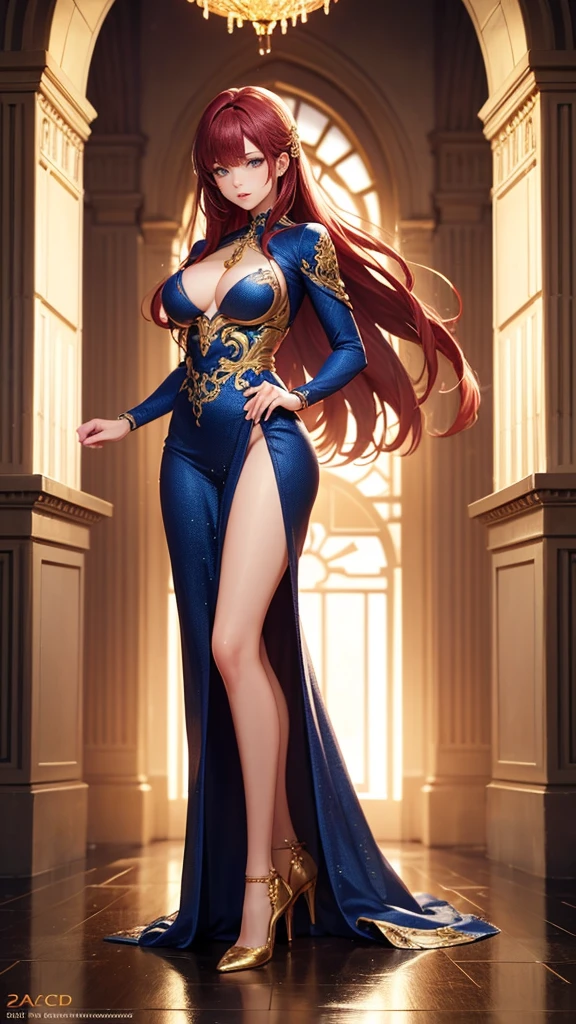 NSFW a detailed anime girl, beautiful blue eyes, long flowing red hair, full body view, soft lighting, front view, gold dress detailed, gold high heels, best quality, 8k, photorealistic, masterpiece, extremely detailed, vivid colors, cinematic lighting, dynamic pose, elegant, ornate, fantasy, beautiful