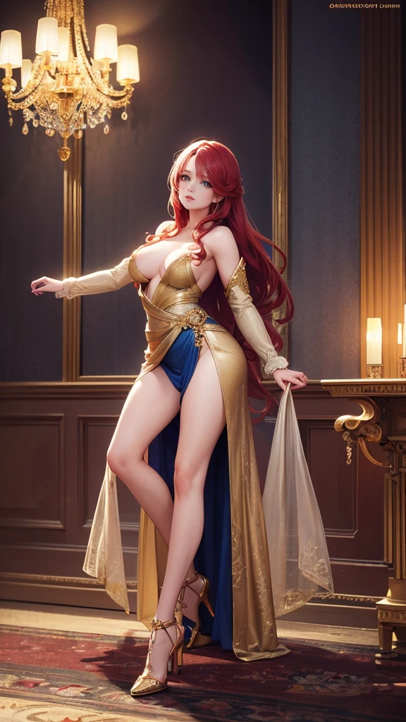 NSFW a detailed anime girl, beautiful blue eyes, long flowing red hair, full body view, soft lighting, front view, gold dress detailed, gold high heels, best quality, 8k, photorealistic, masterpiece, extremely detailed, vivid colors, cinematic lighting, dynamic pose, elegant, ornate, fantasy, beautiful