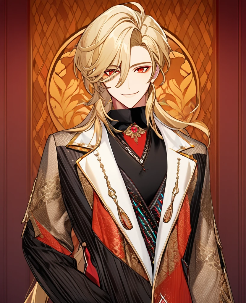  (Blonde_hair),(long_male_hair), (red_vibrant_eyes), (detailed_eyes), (warm_smile), (attractive), (background_lounge), (male), (detailed_Hair), (detailed), wears a 19's outfit