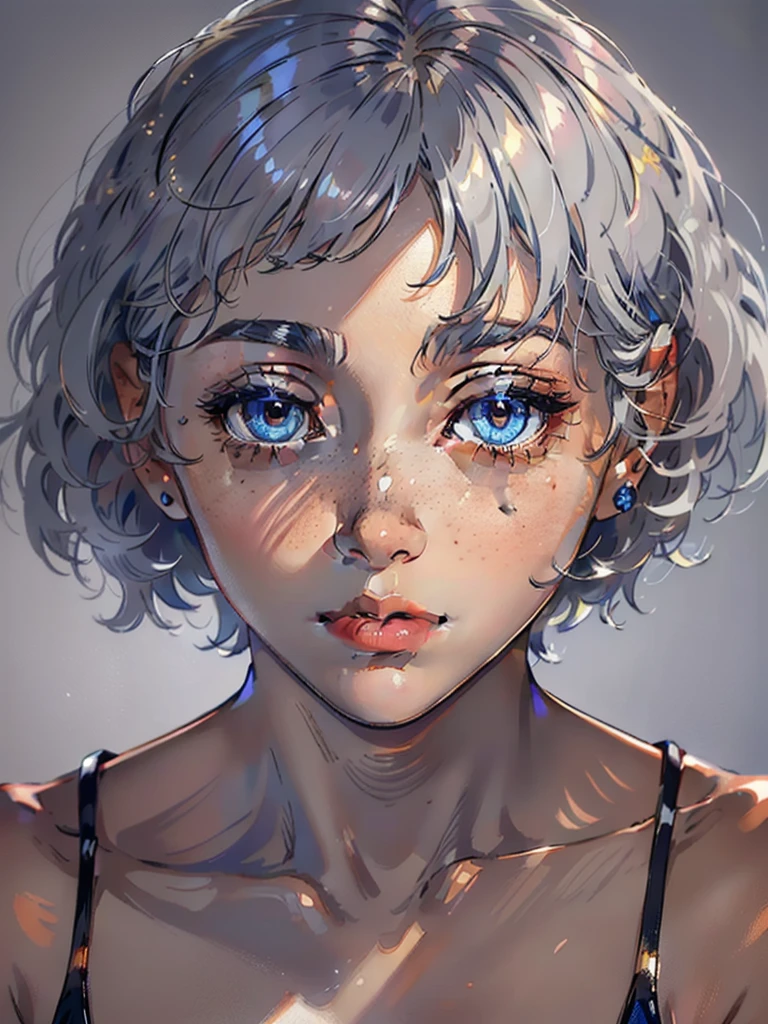 ((masterpiece)), ((best quality)), (ultra-detailed), ((extremely detailed)), 4K, (8K), best quality, a beautiful woman, ((beautiful light gray hair)), shiny hair, ((fluffy bob cut)), light blue eyes, detailed skin, freckled skin, flushed cheeks, 20 years old, Detailed face, detailed eyes,