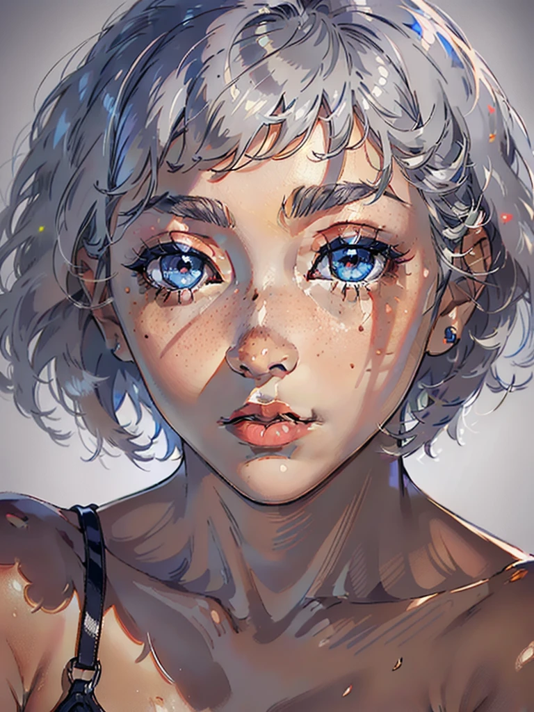 ((masterpiece)), ((best quality)), (ultra-detailed), ((extremely detailed)), 4K, (8K), best quality, a beautiful woman, ((beautiful light gray hair)), shiny hair, ((fluffy bob cut)), light blue eyes, detailed skin, freckled skin, flushed cheeks, 20 years old, Detailed face, detailed eyes,