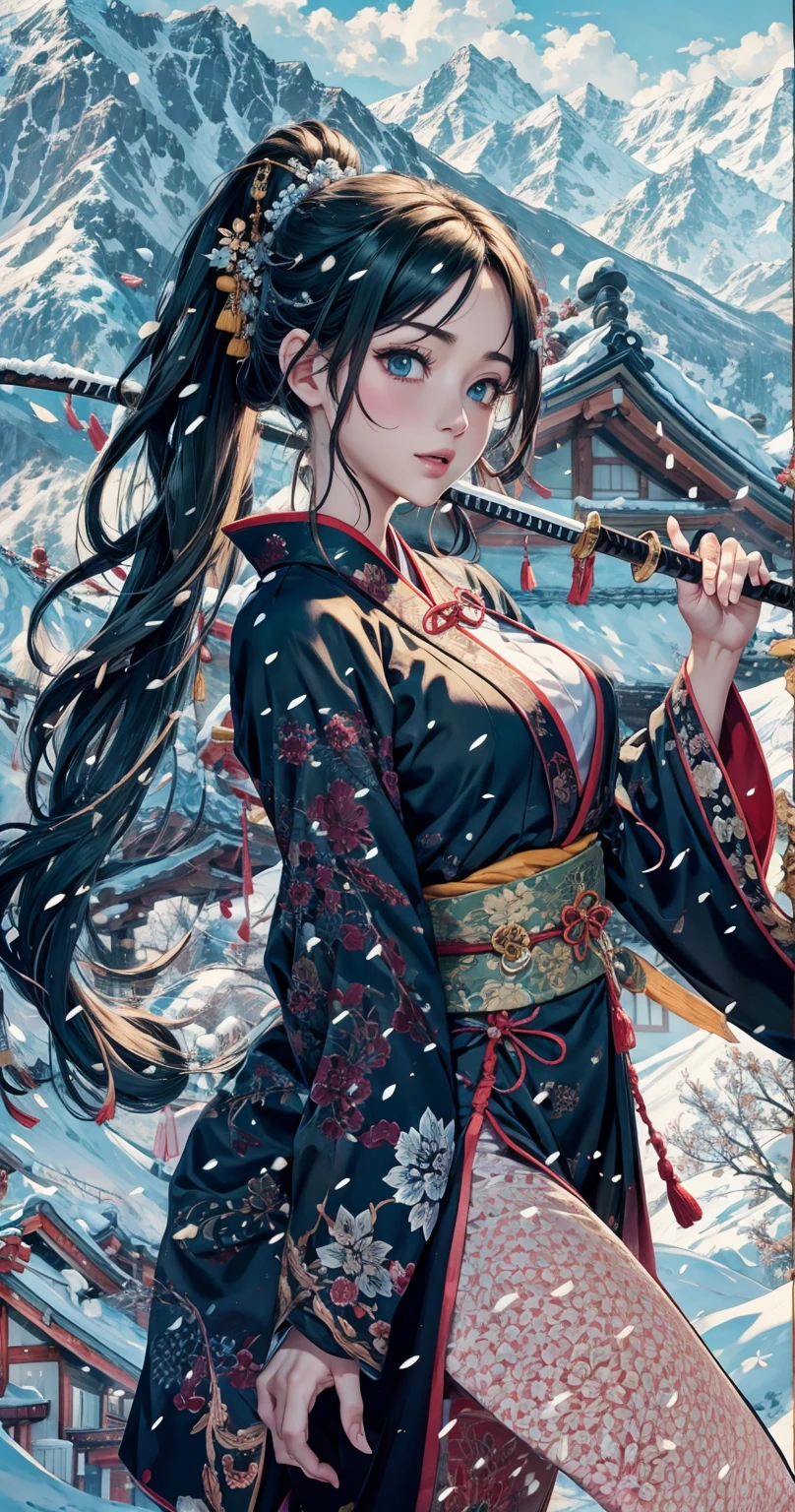 cute、Snow Mountain、Japanese house、Carrying a Japanese sword in his left hand、Dark green kimono、Thighs exposed、It's snowing、A world of silver、