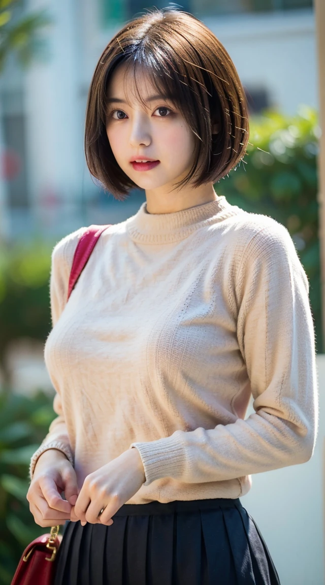  Highest quality, shape, Very detailed, finely, High resolution, 8k wallpaper, 完璧なダイナミックな構shape, Beautiful and exquisite,  Natural Lip, whole body, front,Shyness、Embarrassed expression、Large Breasts、Slightly sagging breasts、Bob Cut Hair、University classroom、Pleated skirt、((Looking into the camera))、Brown Hair、sweater、Carry a shoulder bag diagonally across your shoulder、ノースリーブsweater、The strap of the bag goes between the nipples, 