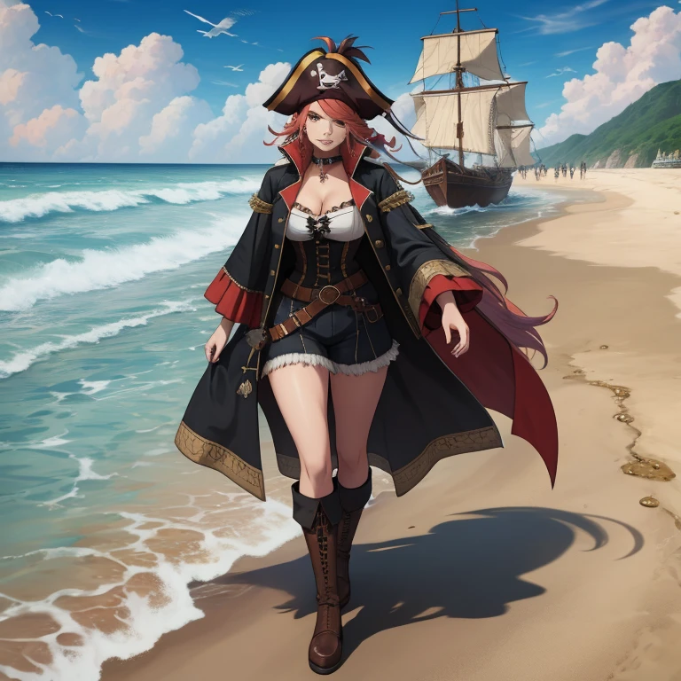 A full-length pirate walks on the beach