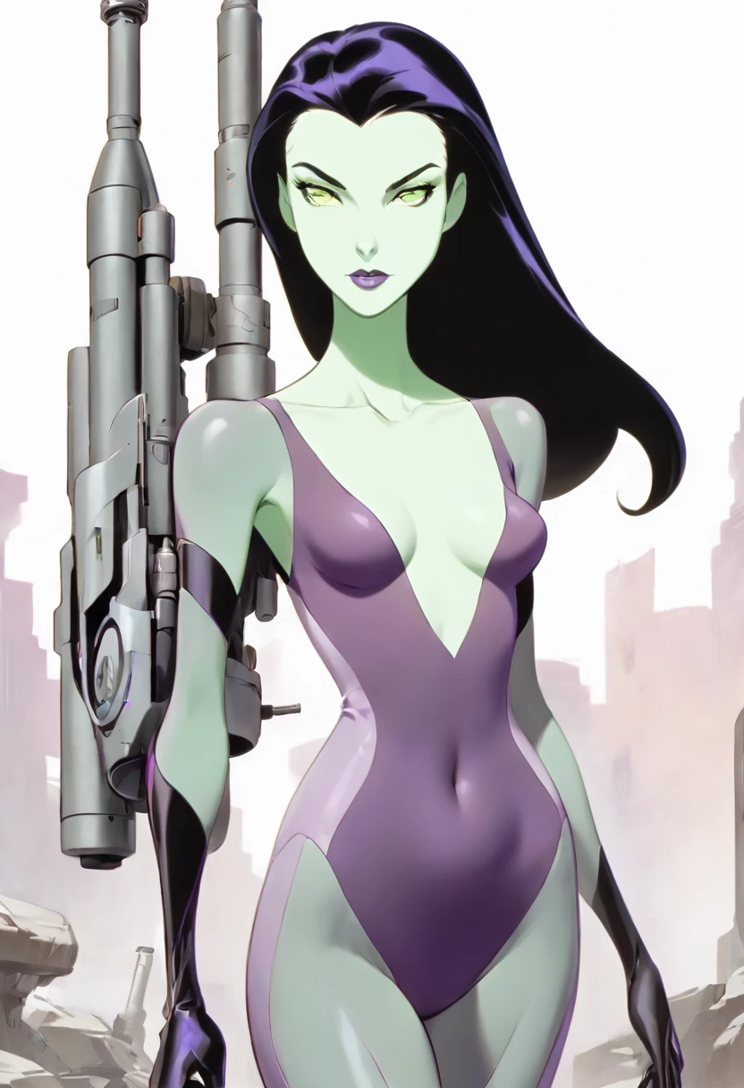 cartoon thin woman, long neck, long black hair, pale green skin, wearing a v-neck purple sci-fi body suit .. she is armed with an arm cannon,