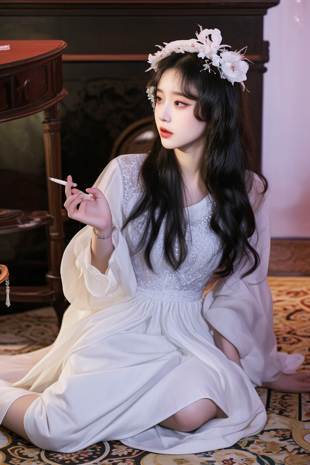 araffe woman in white dress sitting on floor smoking a cigarette, fan bingbing, iu lee ji-eun as a super villain, yun ling, lu ji, wu liu, song nan li, mingchen shen, xue han, jingna zhang, yuuka kazami, palace ， a girl in hanfu, portrait of lolita