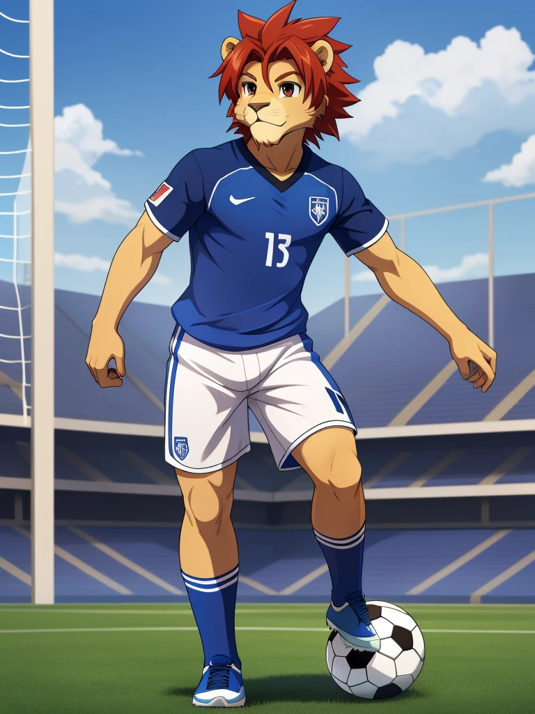 (masterpiece, 4K, ultra detailed), a lion furry, masculine, short red hair, cartoony, smooth lining, smooth simple colors, smooth shading, blue soccer dress, white shorts, soccer field, athletic, teenage, anime, brown anime eyes