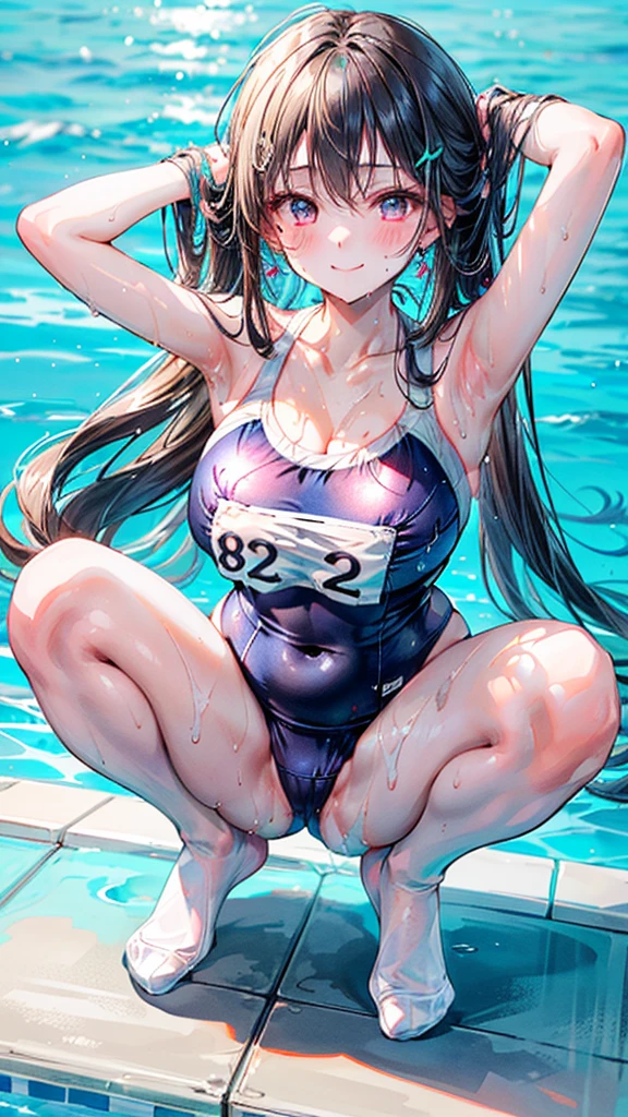 (Best quality, 8k, 32k, Masterpiece, UHD,:1.2),RAW, human, 1girl,ultra cute , ultra cute, natural lighting,transparent shining eyes, 20yo,medium breast ,femur, fair complexion , flushed face, Cameltoe:1.4, sweat, brown loafers, spreading legs:1.3, ((squatting)), ((old school swimsuit:1.3)), black long hair、((poolside)), arms behind head, embarrassed smiling, wedgie, wet skin, wet hair, From Behind, Closeup shot, (no shoes:1.5)
