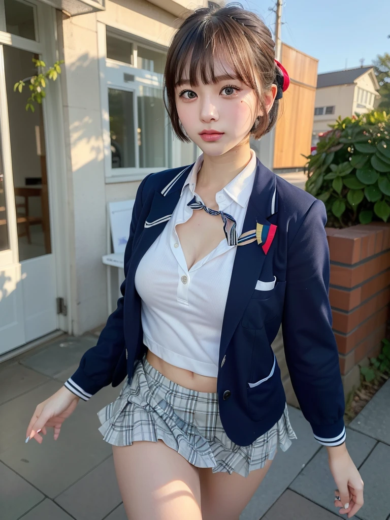 ((Best of the highest quality, 8k, Masterpiece, raw photo: 1.2)), (Sharp focus: 1.2), (1 AESPA, slim body type female, 21 y/o: 1.1), (Solo: 1.28), (realistic, photo-realistic:1.37), face focus, cute face, finely eyes, (droopy eyes: 1.32), (Emphasize prominent aegyo-sal with bright: 1.2), shimmering eyeshadow applied under the lower lash line, paired with thick, (small breasts, flat chest, Thigh: 1.3), (short messy hair, bangs, updo: 1.28), (wearing blazer school uniform, bra, skirt: 1.32), (ribbon: 1.1), walking terrace dining, flower, (skirt is rolled up by the wind: 1.12)