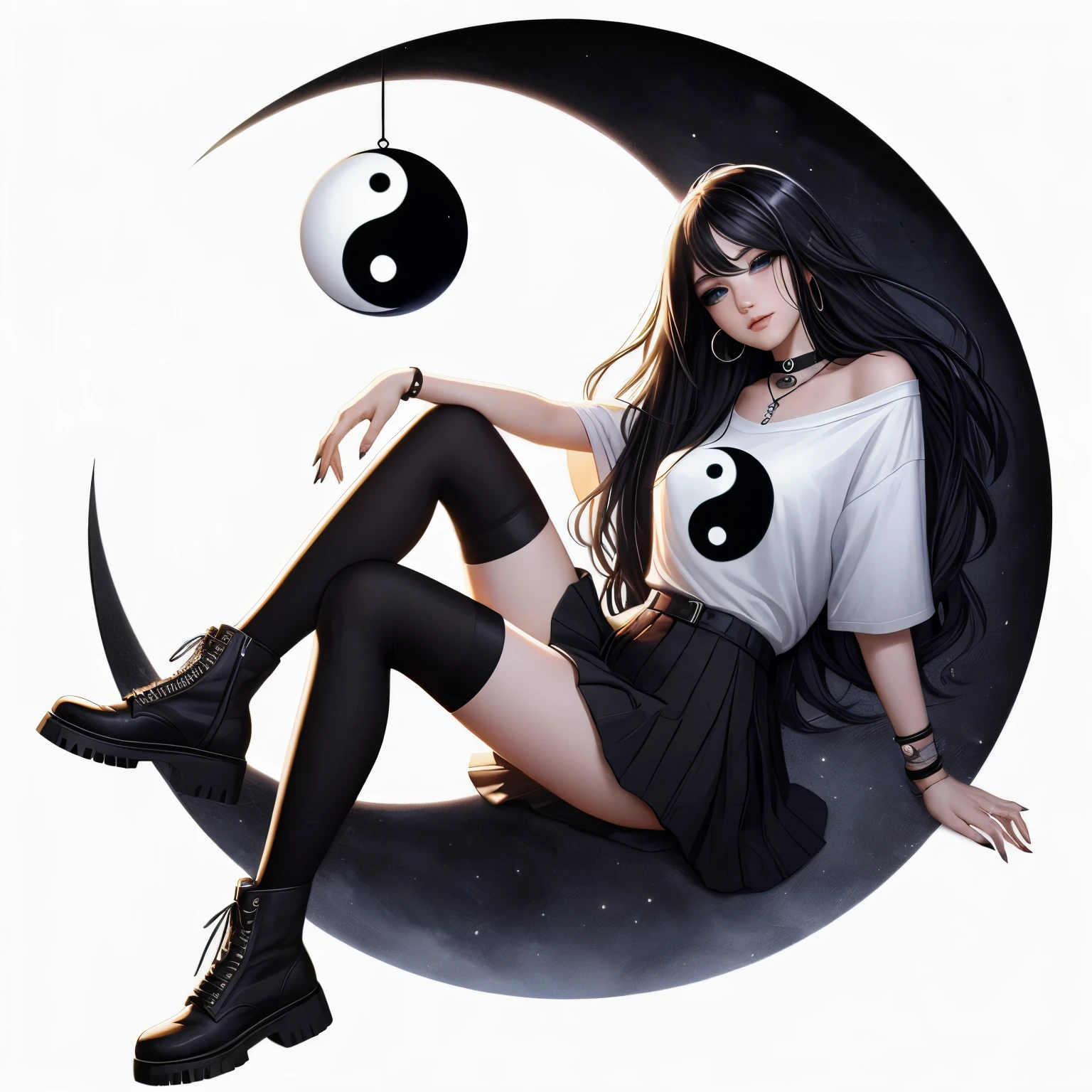 realism, Moon Queen sitting on a crescent moon 8k resolution, solo, long black hair, skirt, yin yang symbol, simple background, brown hair, shirt, black hair, tall sox, white background, blue eyes, boots, black highs, black footwear, tall boots, crossed arms, t-shirt