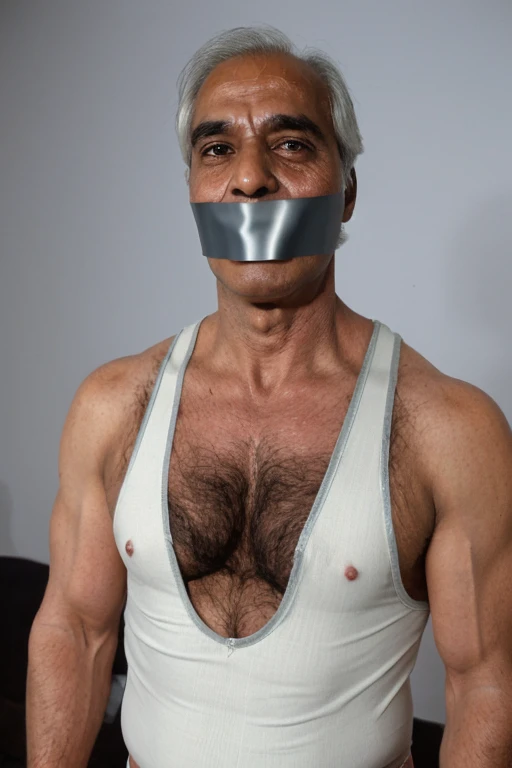 Old indian men,tape gag ,hairy chest, white men singlet, chubby