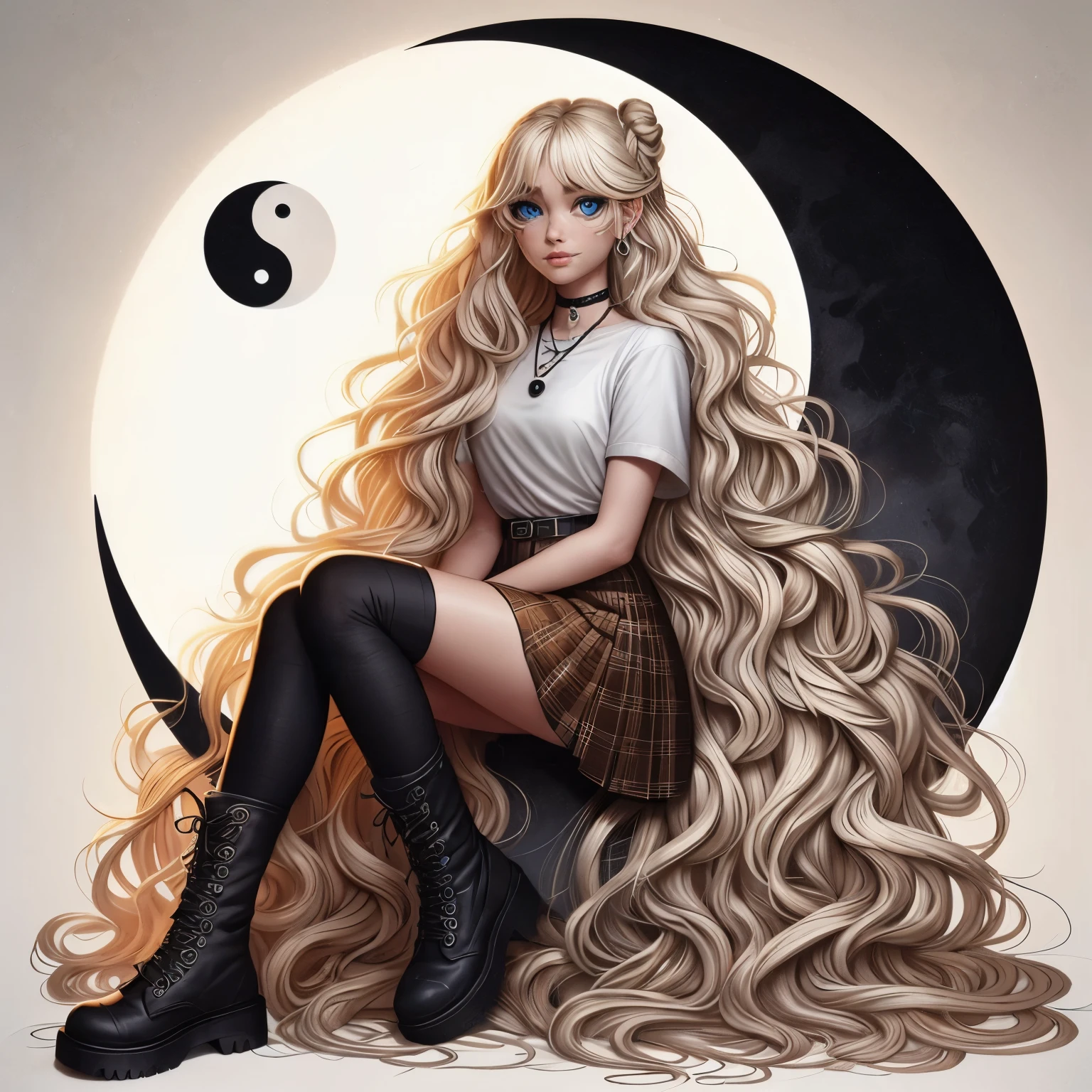 realism, Moon Queen sitting on a crescent moon 8k resolution, solo, long blonde drill hair, Viking ringlets, skirt, yin yang symbol, simple background, brown hair, shirt, black hair, tall sox, white background, blue eyes, boots, black highs, black footwear, tall boots, crossed arms, t-shirt