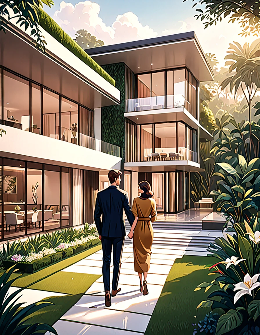 A beautiful illustration featuring a wealthy 25 year old boy holding his mother's hand, proudly showing her their luxurious, modern home. The home is elegant and sophisticated, seamlessly blending with the surrounding lush greenery. The scene exudes a warm, aesthetic vibe, with soft, inviting colors and gentle lines, capturing the love and pride in the young man's eyes as he presents their stunning residence to his mother. The mother is clearly older, with a kind and gentle appearance. the house features sleek architecture, large windows, and stylish design elements, ensuring a contemporary and luxurious feel. The overall atmosphere is serene and enchanting, evoking a sense of beauty, tranquility, and modern opulence.