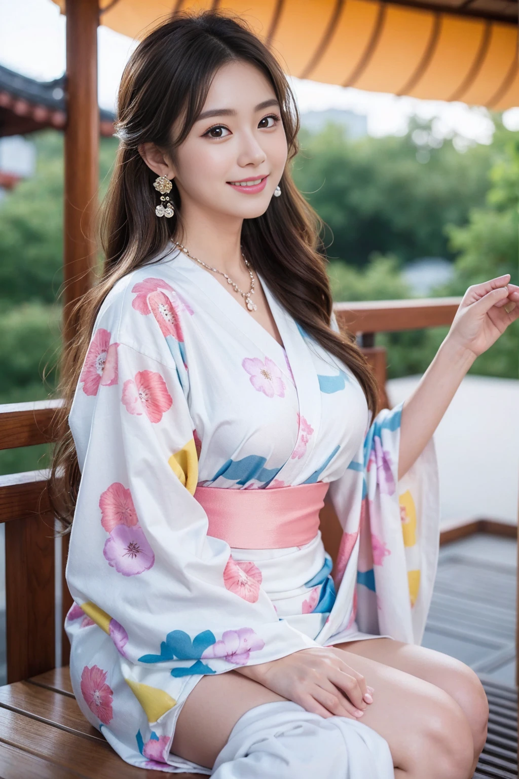 Highest quality,8K, Detailed facial depiction, Detailed description of the eyes,One Woman, Light brown hair(Medium-long hair),Beautiful Japanese Girl,24-years-old,Cute eyes,Cute Smile,Yukata beauty,A yukata with large polka dots on a white background,Slender body, Large, plump breast size, Long and beautiful legs,Smiling, Colorful earrings,necklace,Are standing,Beautiful nape,Japanese Summer Festivals,There are food stalls