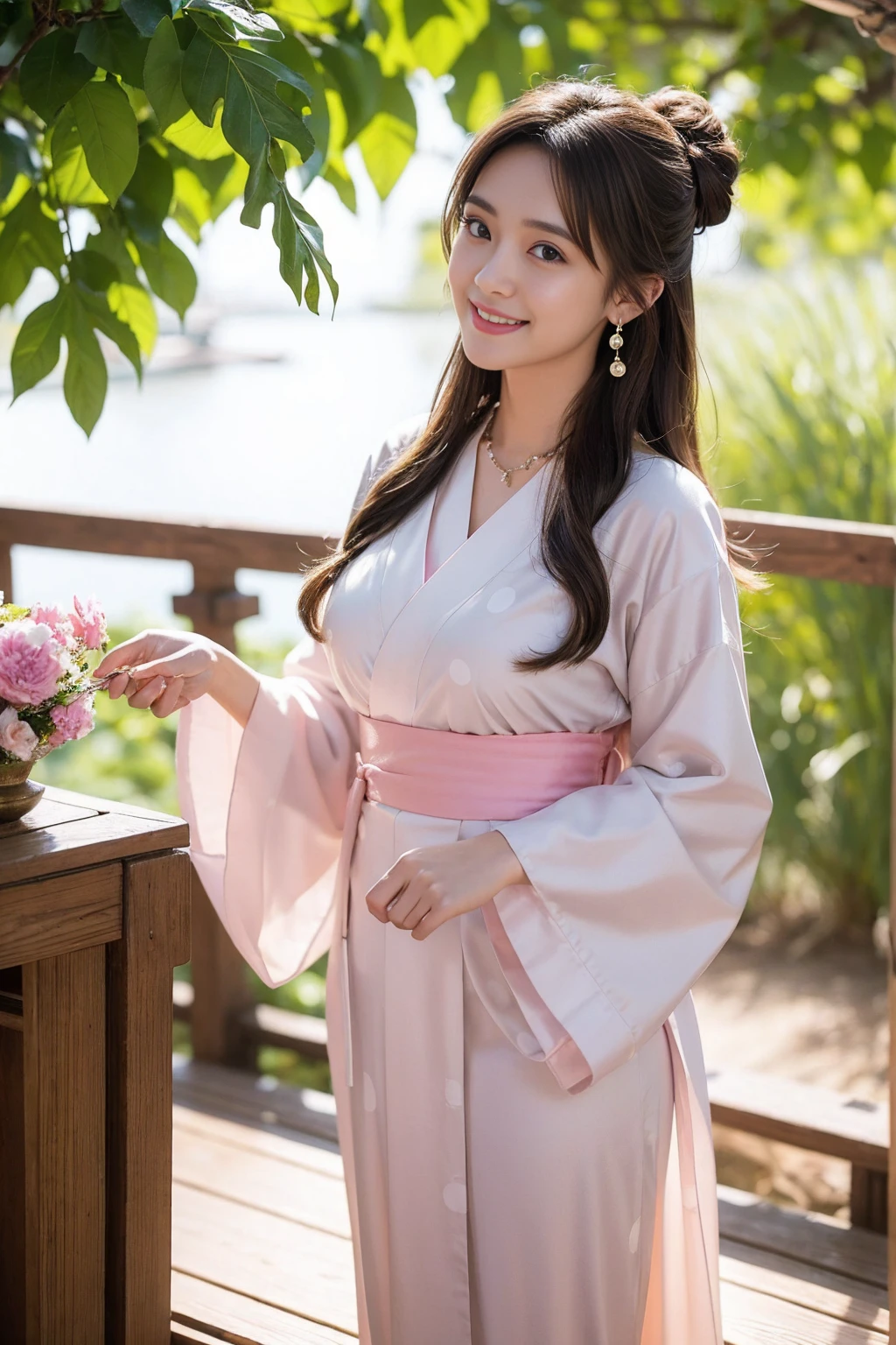 Highest quality,8K, Detailed facial depiction, Detailed description of the eyes,One Woman, Light brown hair(Medium-long hair),Beautiful Japanese Girl,24-years-old,Cute eyes,Cute Smile,Yukata beauty,A yukata with large polka dots on a white background,Slender body, Large, plump breast size, Long and beautiful legs,Smiling, Colorful earrings,necklace,Are standing,Beautiful nape,Japanese Summer Festivals,There are food stalls
